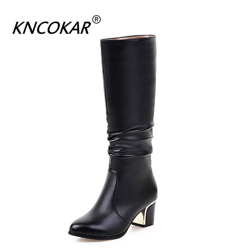 KNCOKAR  34-43 Women Boots Square Heels Pointed Toe Boots Woman Shoes Female Winter Boots Black White Hot x1015