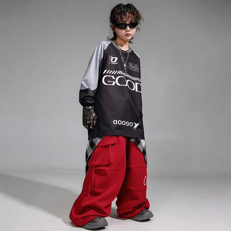 Jersey de Hip Hop para niños, pantalones Cargo rojos de baile callejero, trajes para correr K-pop para niñas, conjuntos de ropa deportiva de Jazz para niños, ropa de calle para niños