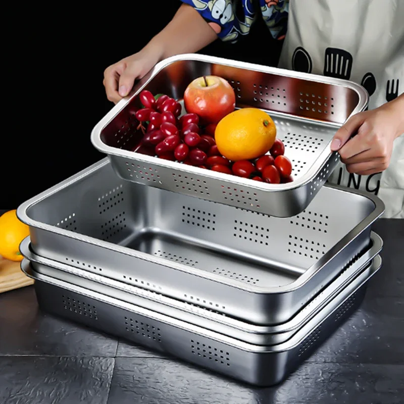 

Rectangle Stainless Steel Storage Leak Trays Plate Hole Mesh Strainer Vegetable Fruit Washing Basket Food Pan Water Filter Basin