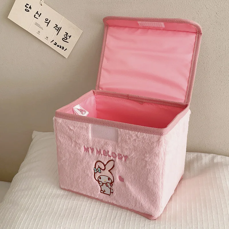 Caja de almacenamiento plegable con bordado de felpa de Anime Sanrio, caja de almacenamiento grande, organizador de ropa de dormitorio cuadrado de juguetes, artículos diversos