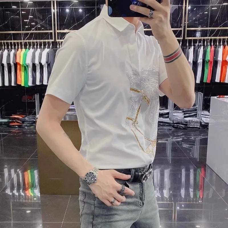 Men's 2026 Summer Rhinestone Embellished Casual Short Sleeve Shirt European Style Slim Fit Fashion Party Club Tops