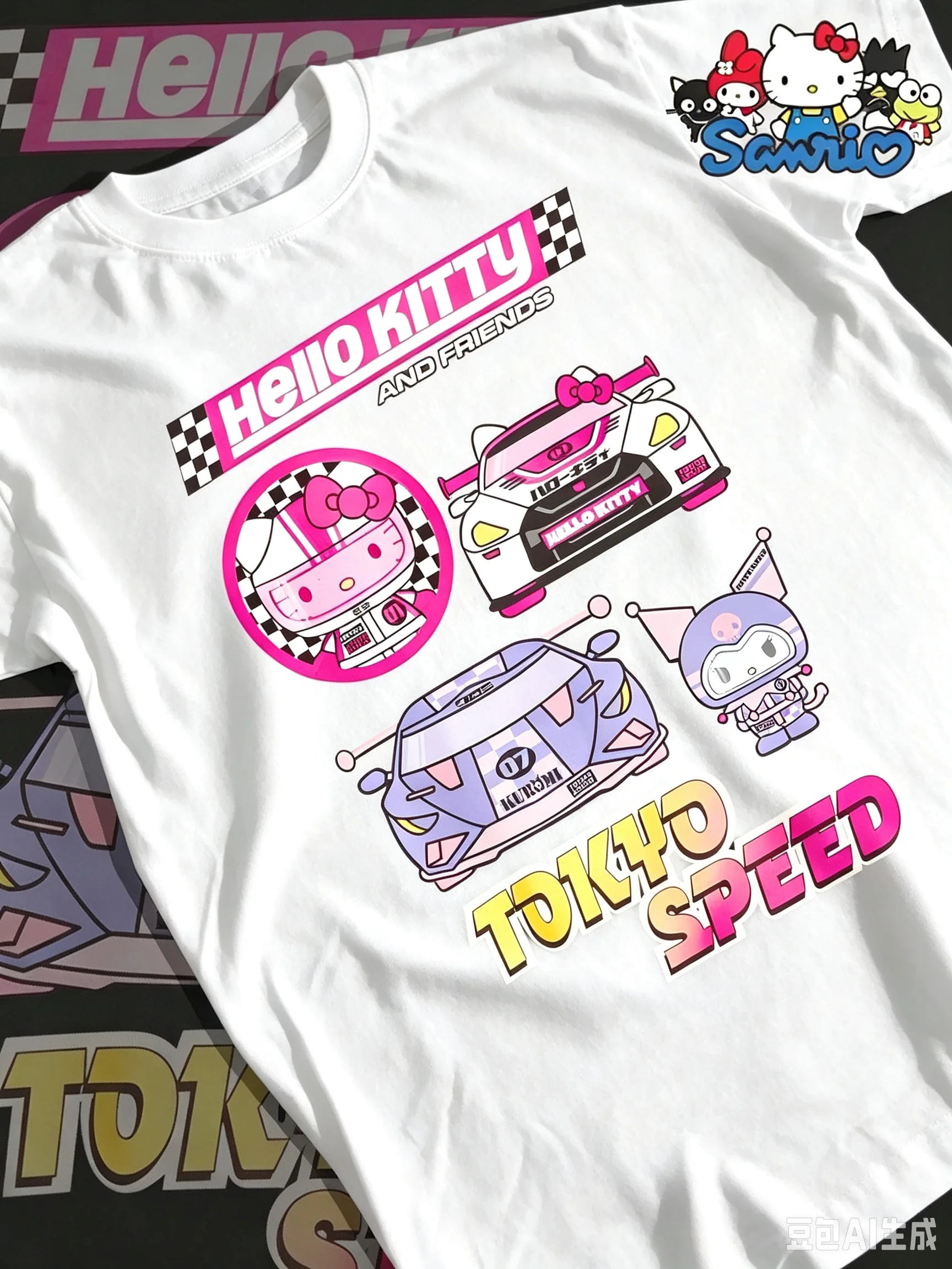 2026 Sanrio Hello Kitty Women's T-shirt Tokyo Racing Hello Kitty Kuromi Pattern Short Sleeve T-shirt JDM Y2K T-shirt