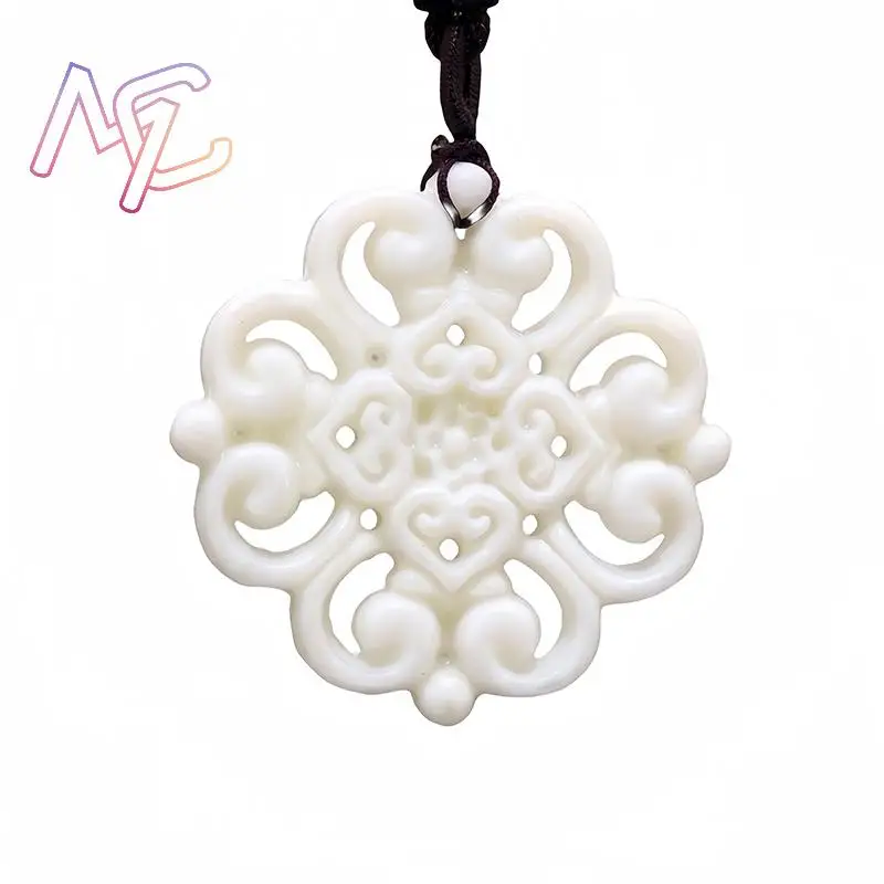 Naturalny jadeitowy naszyjnik z kwiatem Urok Kamień Akcesoria modowe Prawdziwa biżuteria Projektant Amulet Rzeźbiony kamień szlachetny Vintage — zdjęcie 5