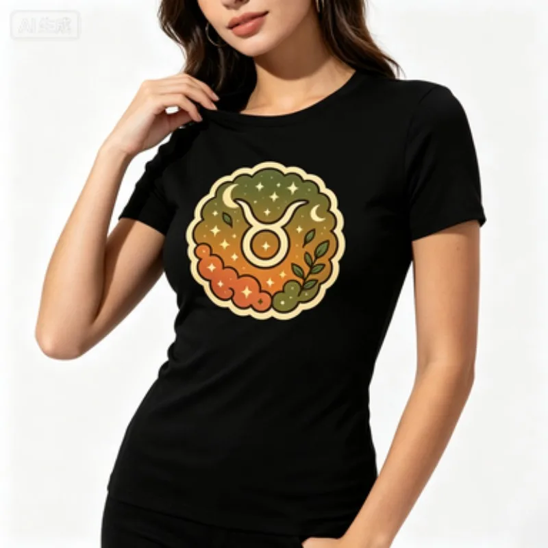 Ladies Slim‑fit Cotton O‑neck Tee Retro Astrology Taurus Constellation Starry Cloud Print Trendy Short‑sleeve Daily T‑shirt
