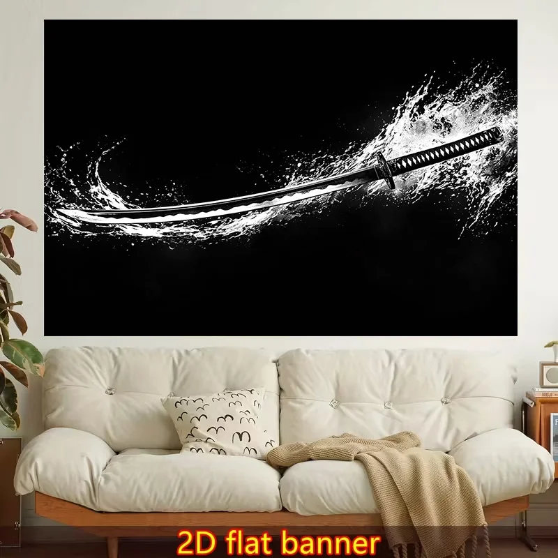 1pc Stylish 2D Flat Printed Wall Tapestry, Samurai Sword, Water Splash, Black & White Colorful Aesthetics, Bedroom Aesthetics, Suitable for Living Room, Bedroom, Office