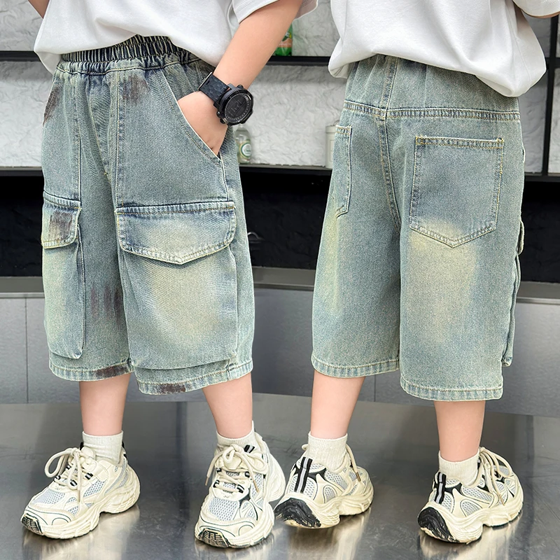 New Summer Kids Loose Cargo Jeans Capris Pants for Teenage Boys Casual Mid-Calf Denim Shorts with Pocket for Tweens Child 3-14Y