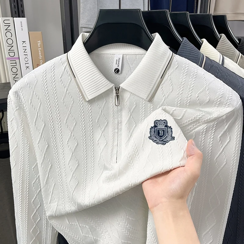 Men's Half Zip New Autumn Embroidered Polo Shirt Fashion Comfort Texture Long Sleeve Knit Top Exquisite Versatile Men's Clothing