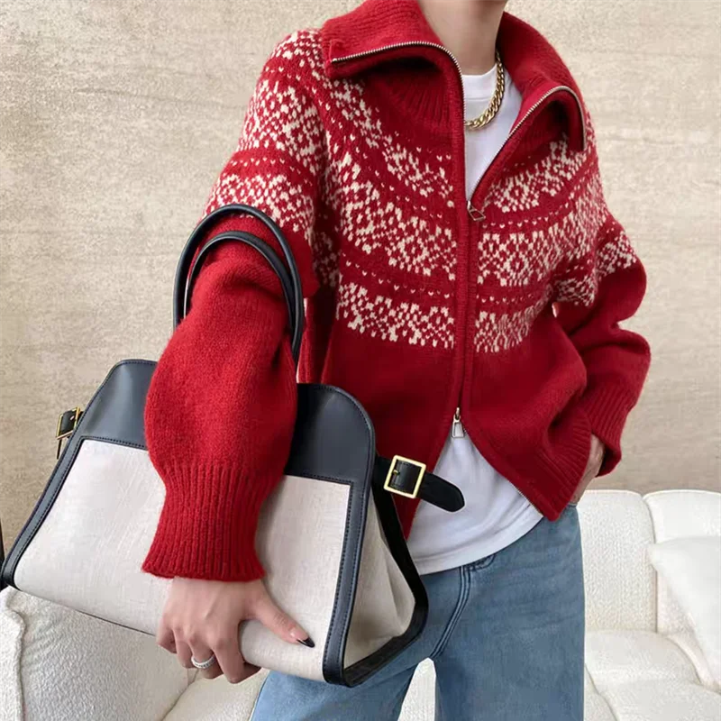 Fashion Vintage Turn-down Collar Women's Cardigan Elegant Long Sleeve Knit Sweater Casual Loose Knitted Top Zipper Knitwear