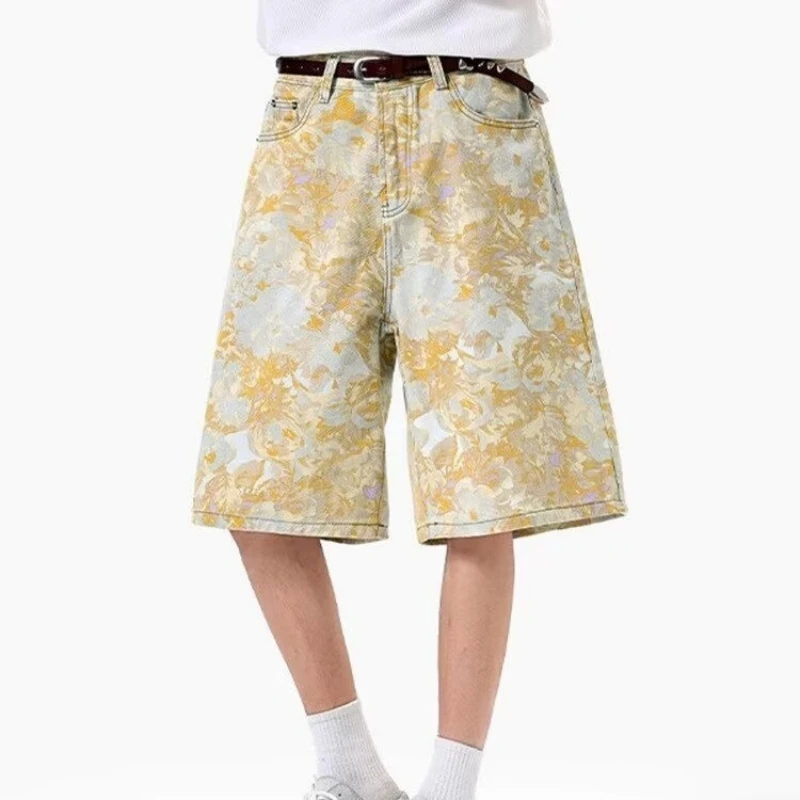 กางเกงขาสั้นลายดอกไม้อเนกประสงค์ริมทะเลฮาราจูกุศิลปะญี่ปุ่นแฟชั่นผู้ชายและผู้หญิงกางเกงยีนส์ห้าส่วนกางเกงเรียบง่าย