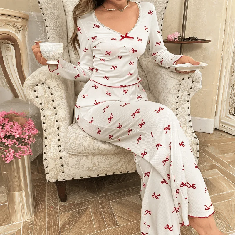 

2025 Autumn New Pajama Women's Bow Long Pants Long Sleeve Set Printed Elastic Cute and Fresh Home Clothes for External Wearing