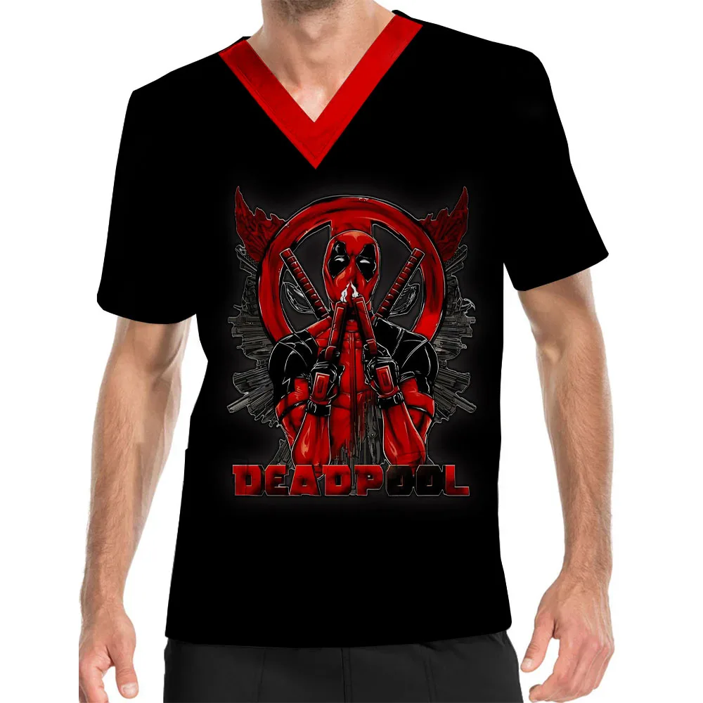 2025 New V-Neck Print Scrub Top Anime Deadpool Print Hospital Doctor Nursing Nursing Clothes Dental Men's Work Uniforms