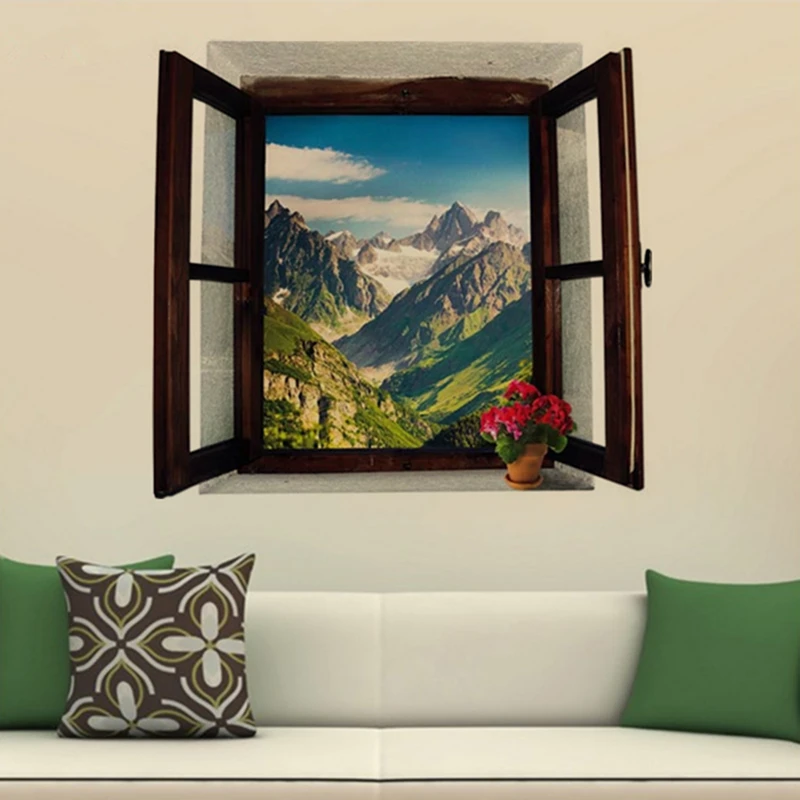 Outside the Wooden Window Scenery Endless Mountains Vinyl Mural Stickers Occident Home Decoration for Aesthetic Rooms Removable