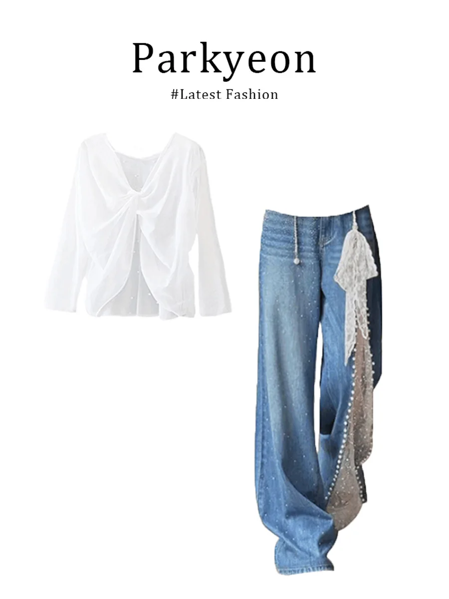 

Parkyeon Summer Unique Slim Fit Backless Long Sleeve Top Casual Versatile Denim Two Piece Set Fashionable French Style round ...