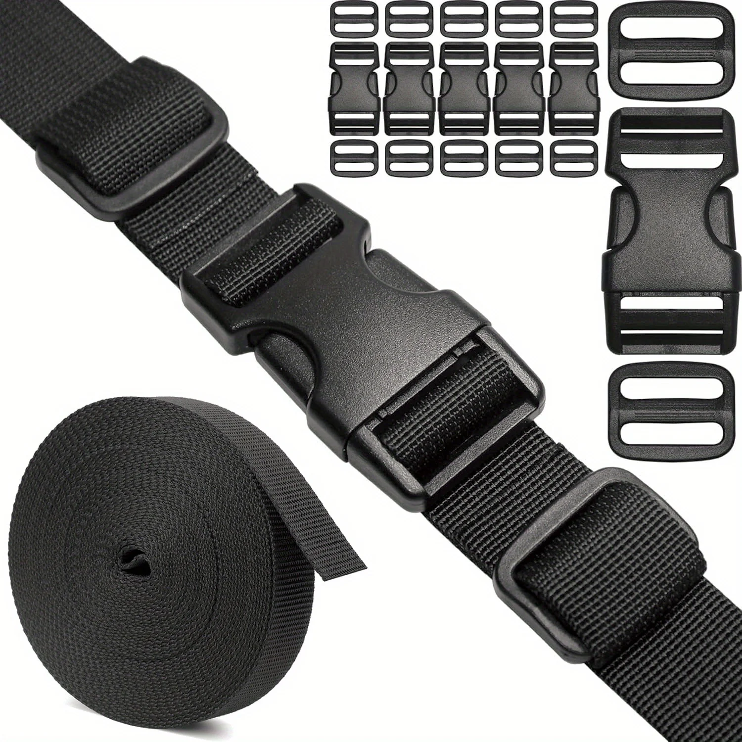 Straps and Buckles Set: Nylon Webbing + Side Release Buckle + Tri-Glide Sliders, Plastic Clip Quick Fastener Replacement