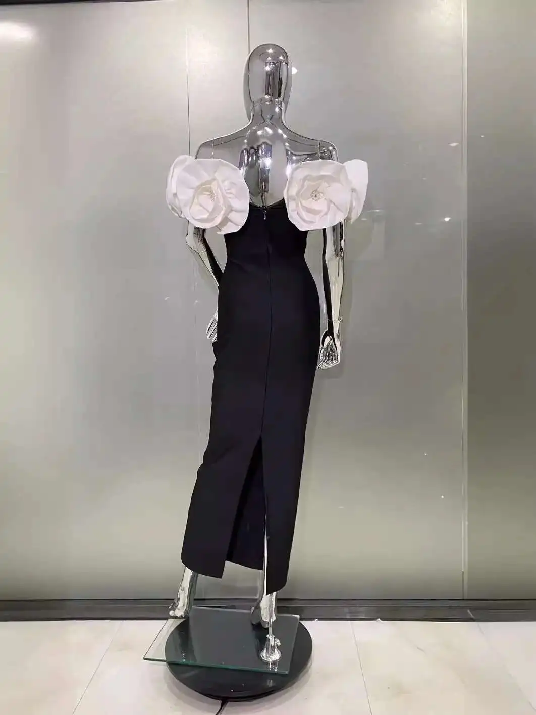 LEOSOXS Elegant Evening Club Party Dress Women Celebrity Sexy Off Shoulder Flower Diamonds Black Maxi Long Bodycon Bandage Dress