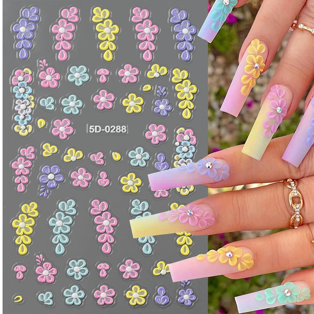 5D Pink Blue Floral Nail Art Stickers Petals Plant Theme Embossed Nail Decals Spring Summer Flower Design for DIY Nail Supplie