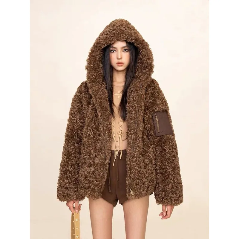 

Korean Fashion Solid Color Jacket for Women 2025 New Winter Hooded Medium To Long Thickened Loose Luxury Coat