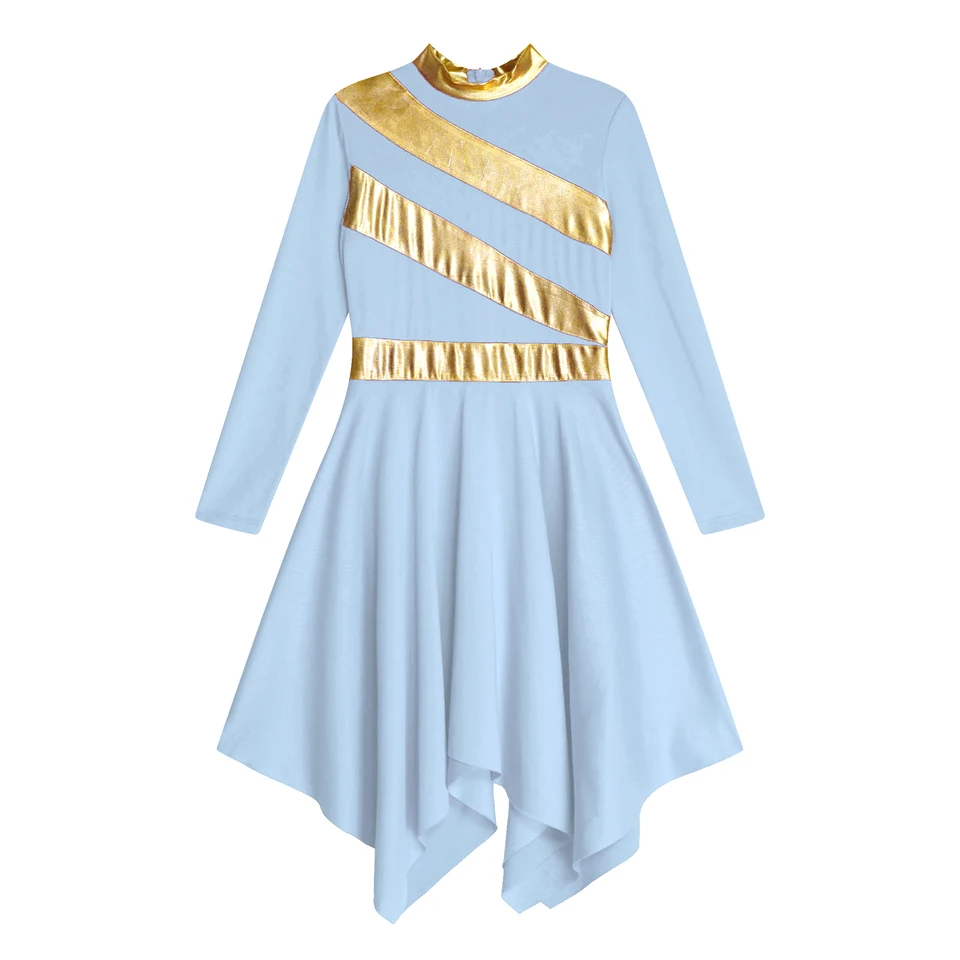 slim fit dress slacks Danzcue Praise Dance Shimmery Asymmetrical Bell Sleeve Dress Bright Royal-Gold / S-Adult
