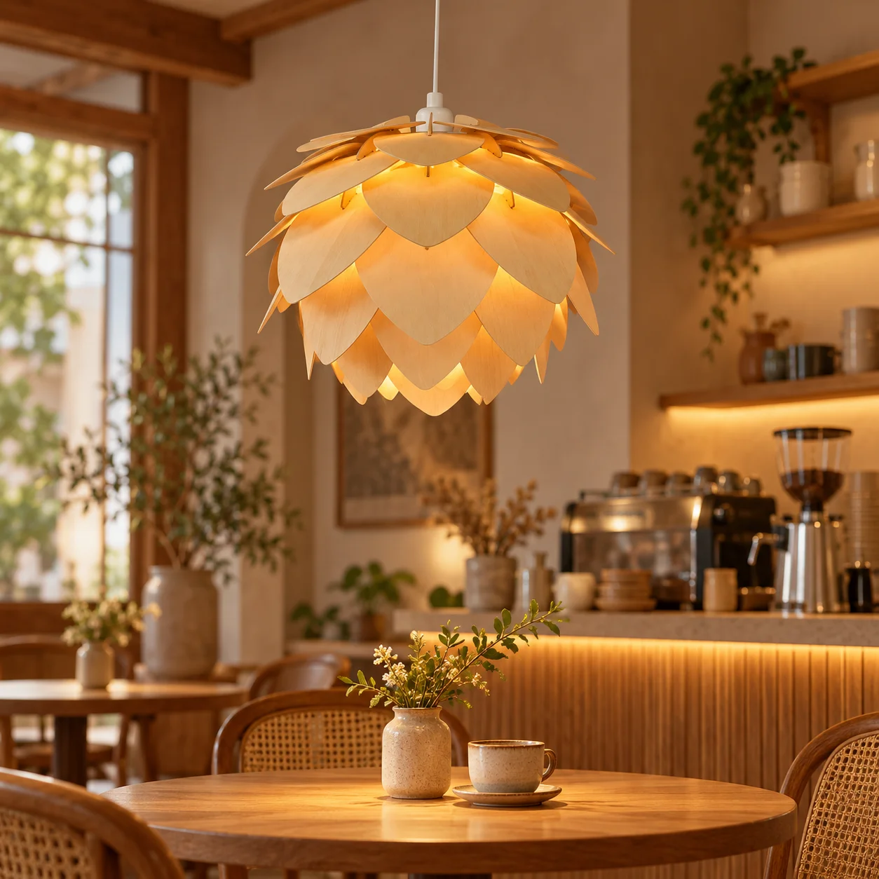 JOYINLED Natural Wood Pendant Lamp, Pinecone Leaf Shade, Minimalist Light, 150cm White Cord, 10cm White Canopy, 40x34 cm E26/E27