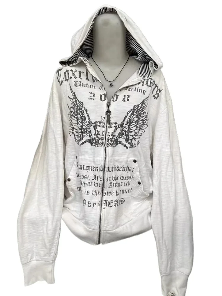 

American Retro Printed Zipper Sweatshirt Women's Y2K New Harajuku Hip Hop Goth Casual Joker Long Sleeve Zipper Hoodie Streetwear