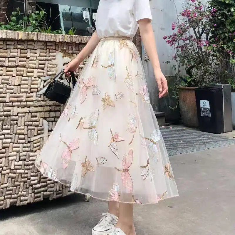 Dragonfly Embroidery Beading Midi Tulle Skirt Women Spring Summer Gray Beige A-line Mesh Skirt Korean Elegant Sweet Sequin Skirt
