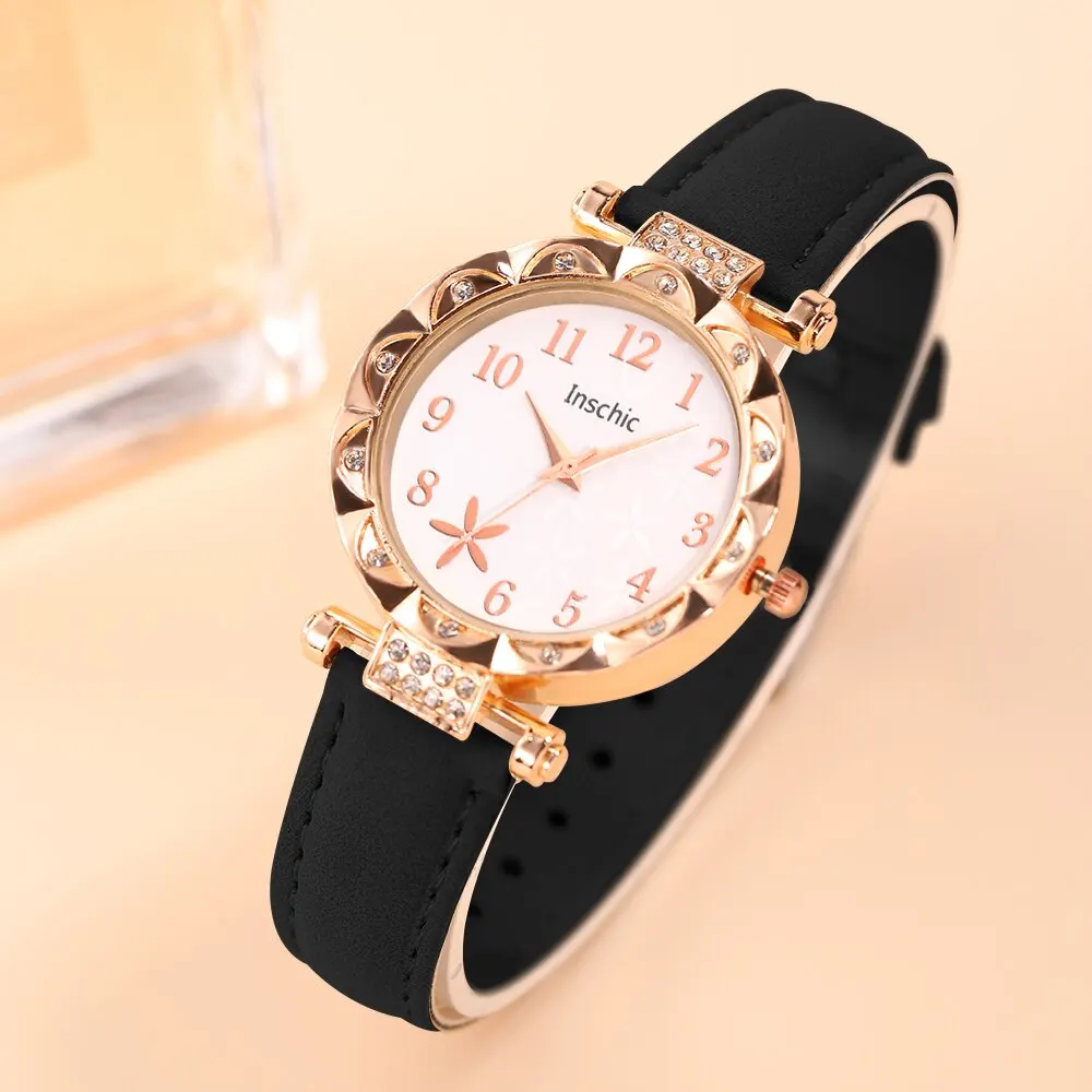 6PCS Set Fashion Women Jewelry Watches Ladies Dress Black Leather Quartz Watch Womens Necklace Earrings Bracelet Wrist Watch