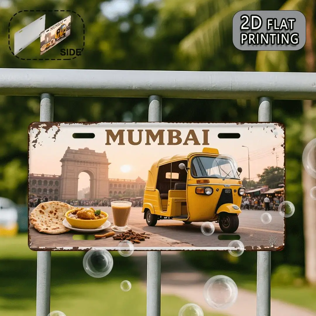 لافتة لوحة ترخيص معدنية من Mumbai - ديكور سيتي سكيب هندي مع توك، أوتو ريكشو - لوحة حائط ريترو للمنزل والمكتب والمقهى - #5