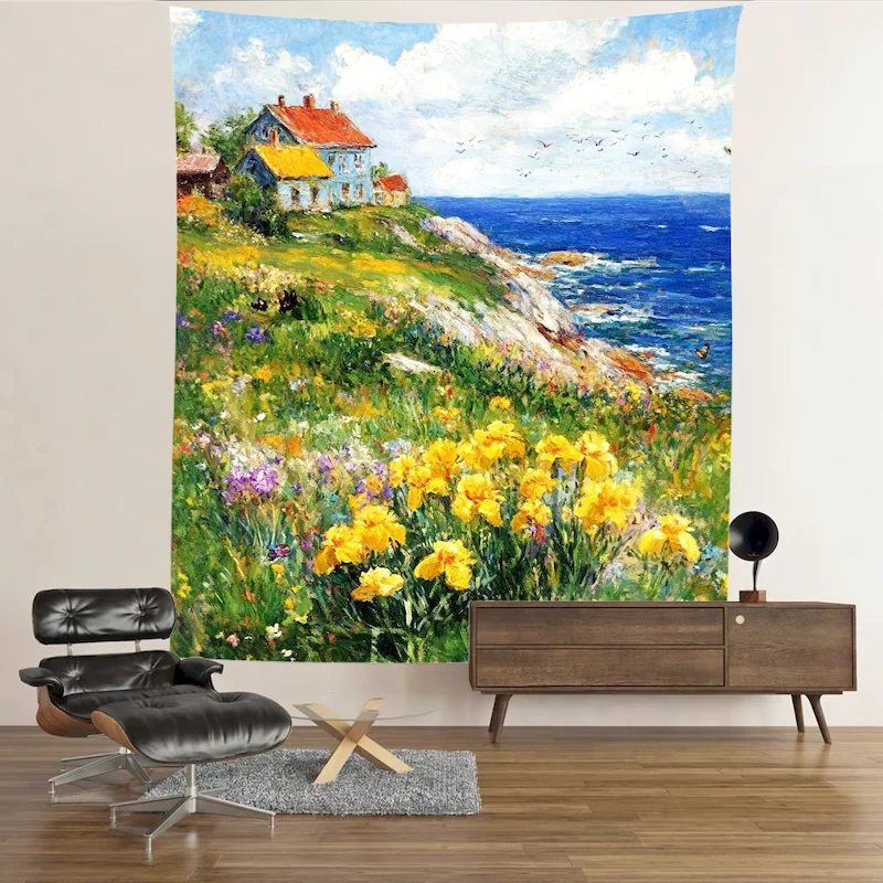 VIKAMA Cliff Iris Cottage Oil Painting Tapestry Flower Wall Hanging Bedroom Living Room Home Wall Decoration