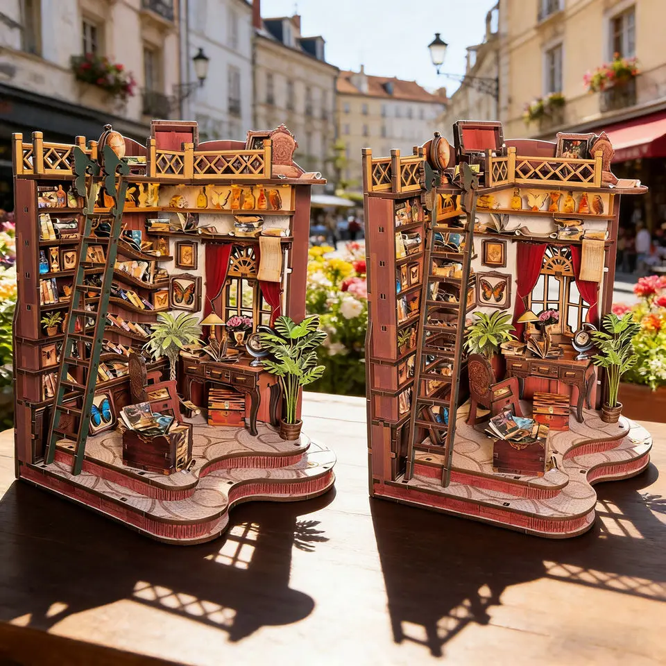 

DIY Wooden Winding Alley Library Miniature Model Kits With Furniture LED Lights Dollhouse for Friends Birthday Gifts