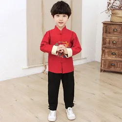 Boys Performance Costumes Embroider Fish Hanfu Set New Year Chinese Style Tang Clothes Set 2Pcs Long Sleeve Outfit Shirt&pants