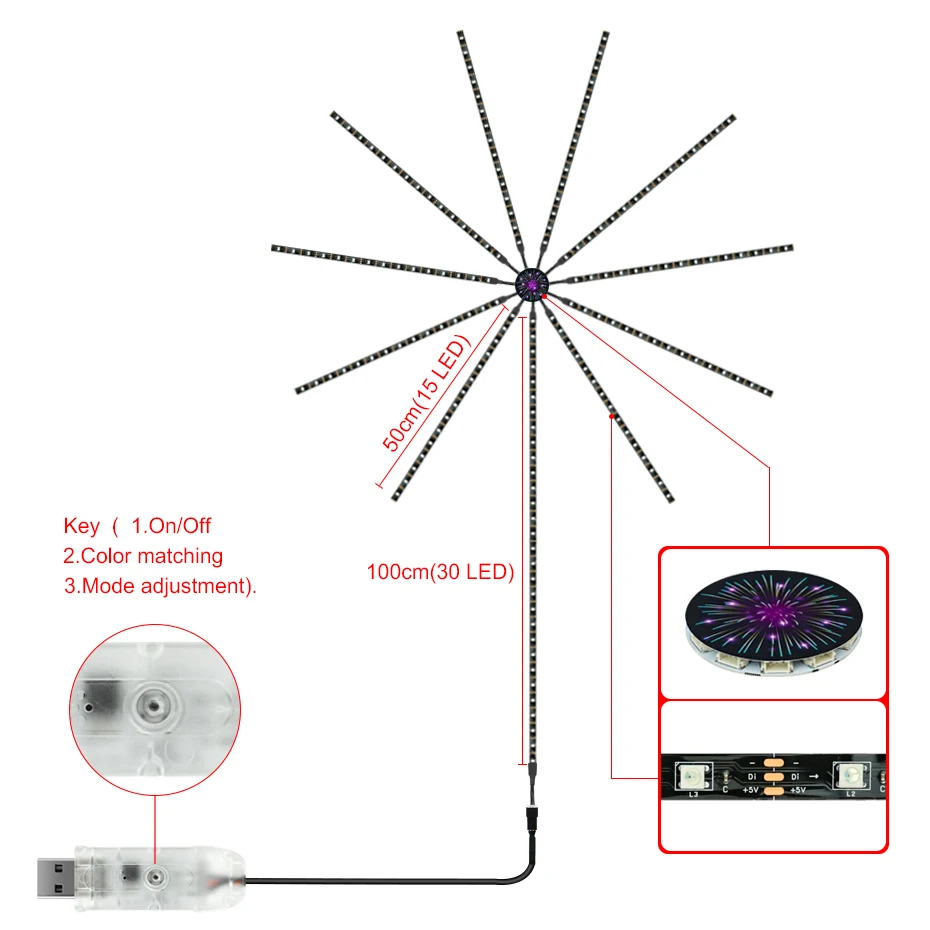 Smart Bluetooth Fireworks Strip LED RGBIC Sonho Cor Mudando USB 5V Firework Lamp Controle Remoto Natal Living Room Decor