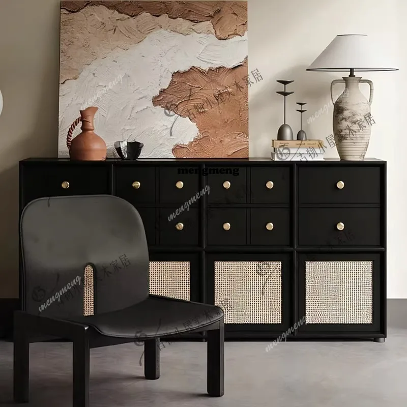 

French black rattan chest cabinet, black porch cabinet, living room multi-functional locker can be customized