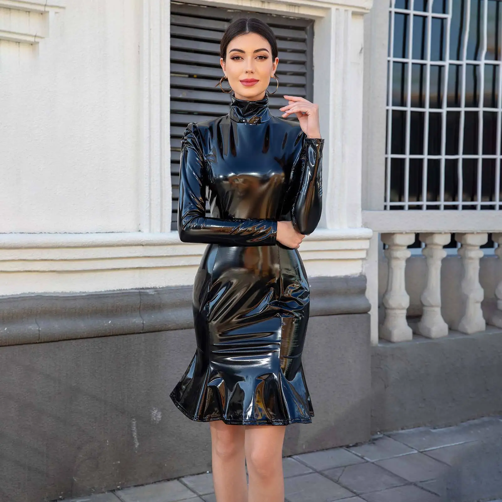 

Large Size PU Leather Dress Women's Club Fish Tail Skirt Bright Surface Gothic Style Bat Shape Low Waist Adult Thick Winter D...