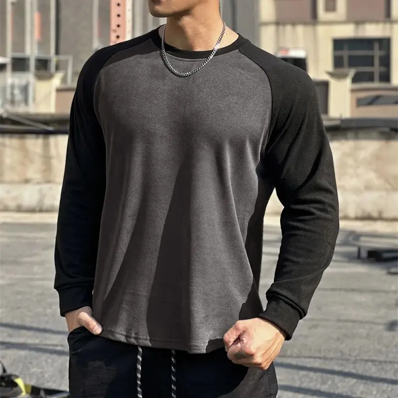 2024 new shoulder-matching color fashion men's long-sleeved T-shirt crewneck top outdoor running sports men's wear