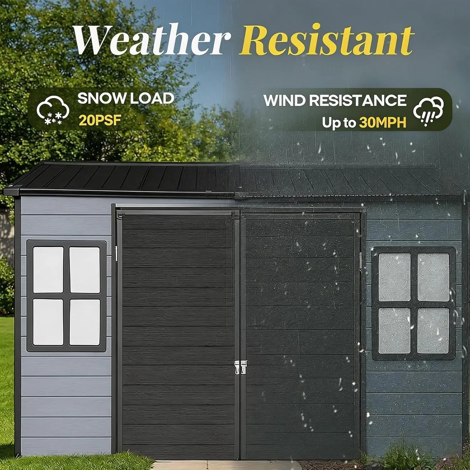 8x4 FT Resin Storage Shed with Floor & 2 Windows, Plastic Outdoor Shed for Patio Furniture, Tools, Mower & Bike, Customized