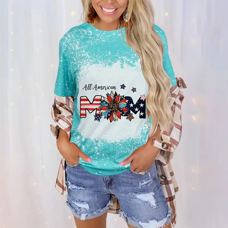 

All American Mom Bleached Tie dyed Graphic Tee short sleeve women's casual loose round neck T-shirt