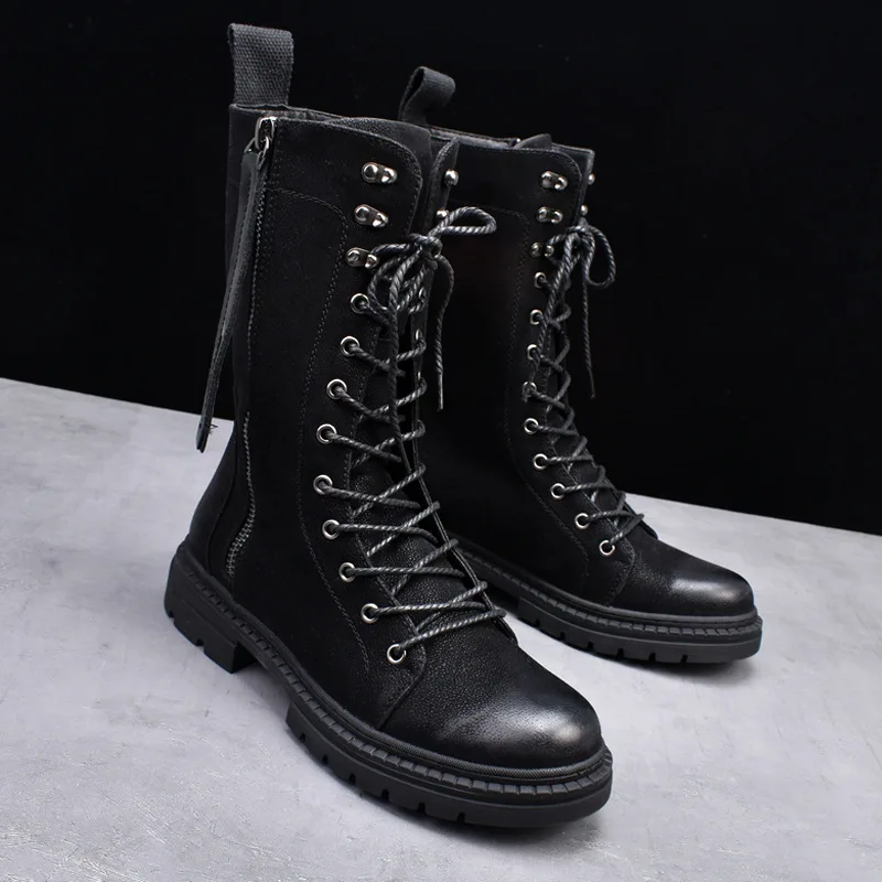 Vintage British Style Mid Leg Flat Square Heels Soft Leather Boots Men's Cowboy Shoes 2026 Fall Gothic Rock Boots for Work