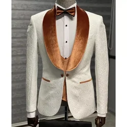 Floral Jacquard Men Suits Slim Fit For Wedding With Velvet Shawl 3 Pcs Groom Tuxedos Male Fashion Blazer With Pants Vest 2024