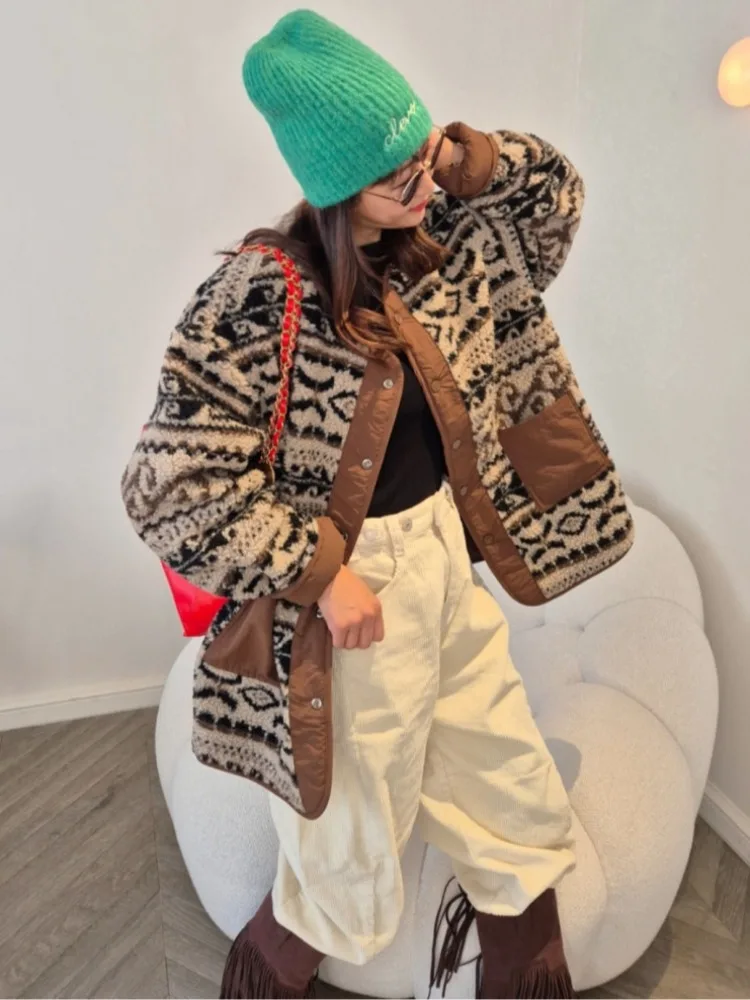 على الوجهين يمكن ارتداؤها فرو الضأن Jaet المرأة فضفاضة تناسب معرض جزيرة منقوشة ملابس خارجية ربيع الخريف الشتاء عادية Sle #2