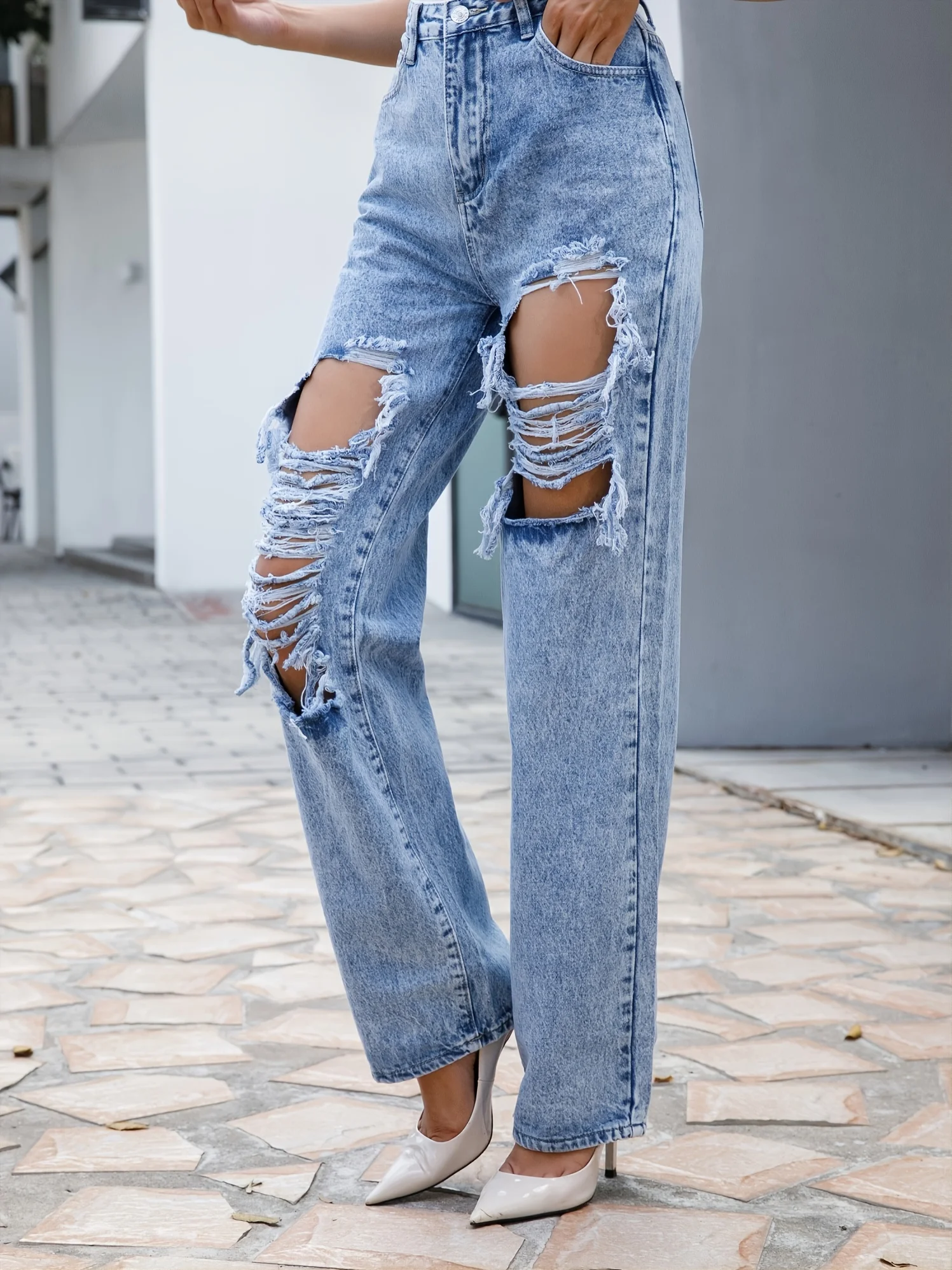 

FIGOHR Ripped Straight Leg Loose Fit Jeans, High Rise Wide Legs Distressed Denim Pants, Women's Denim Jeans & Clothing