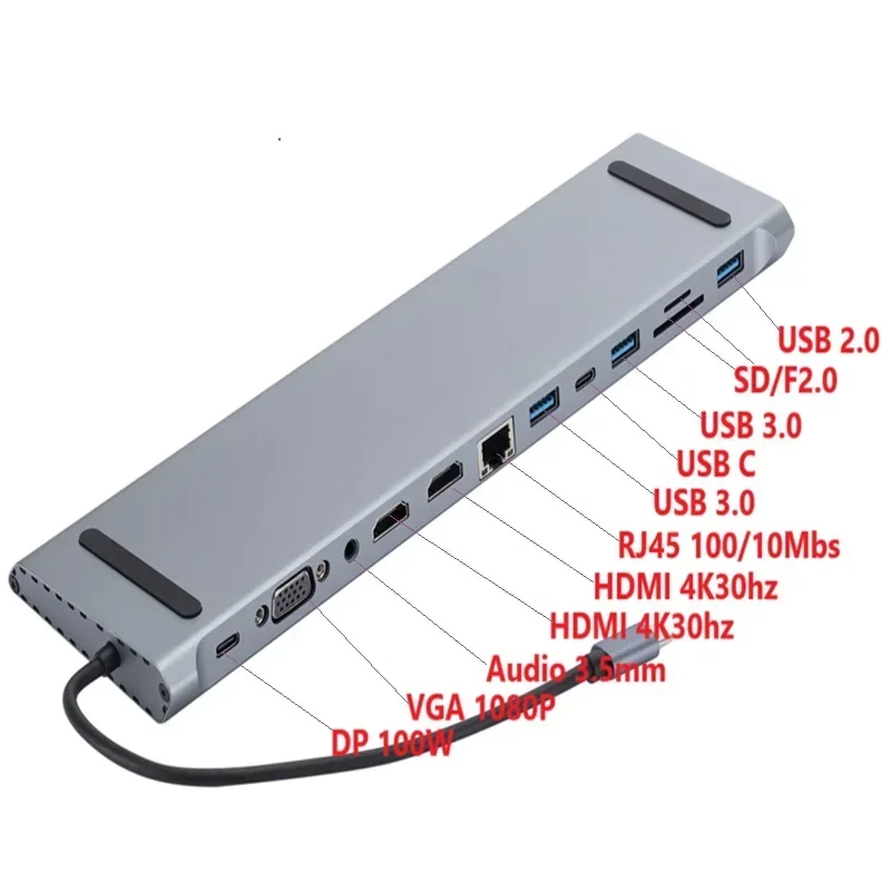 12 in 1 Multiport Adapter USB-C HUB to 2 HDMI VGA Type C Adapter 100W PD USB C Dongle RJ45 Ethernet for MacBook Pro Air HP XPS