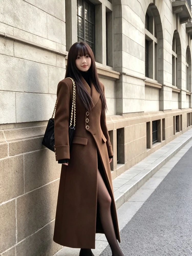 Women Wool‑Blend Maxi Coat Lapel Collar Asymmetric Decor Buttons Slim Waist Pockets Outerwear Elegant Office Formal Overcoat