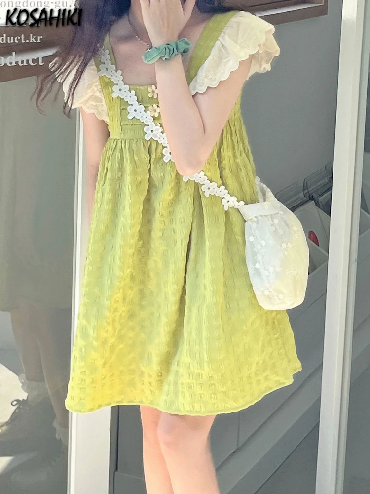 KOSAHIKI Summer Ruffle Patch Flying Sleeve Green Dress Women Casual Loose Y2k Fairy Grunge Dresses Japanese Kawaii Robe Vestido