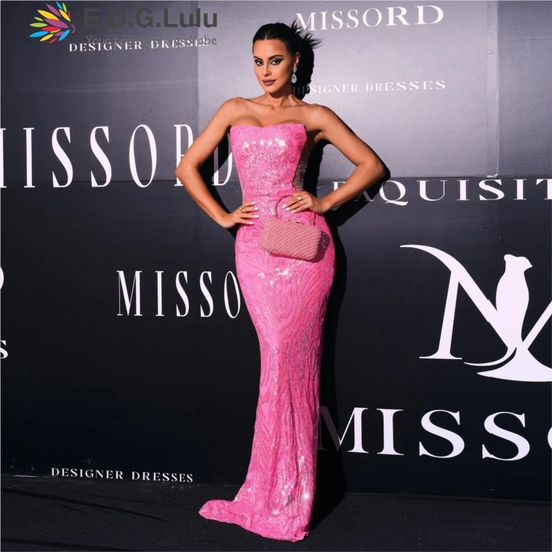 

EDGLuLu Strapless Printed Pink Sequin Long Dress Elegant Women Backless Bodycon Mermaid Party Evening Dresses 0617