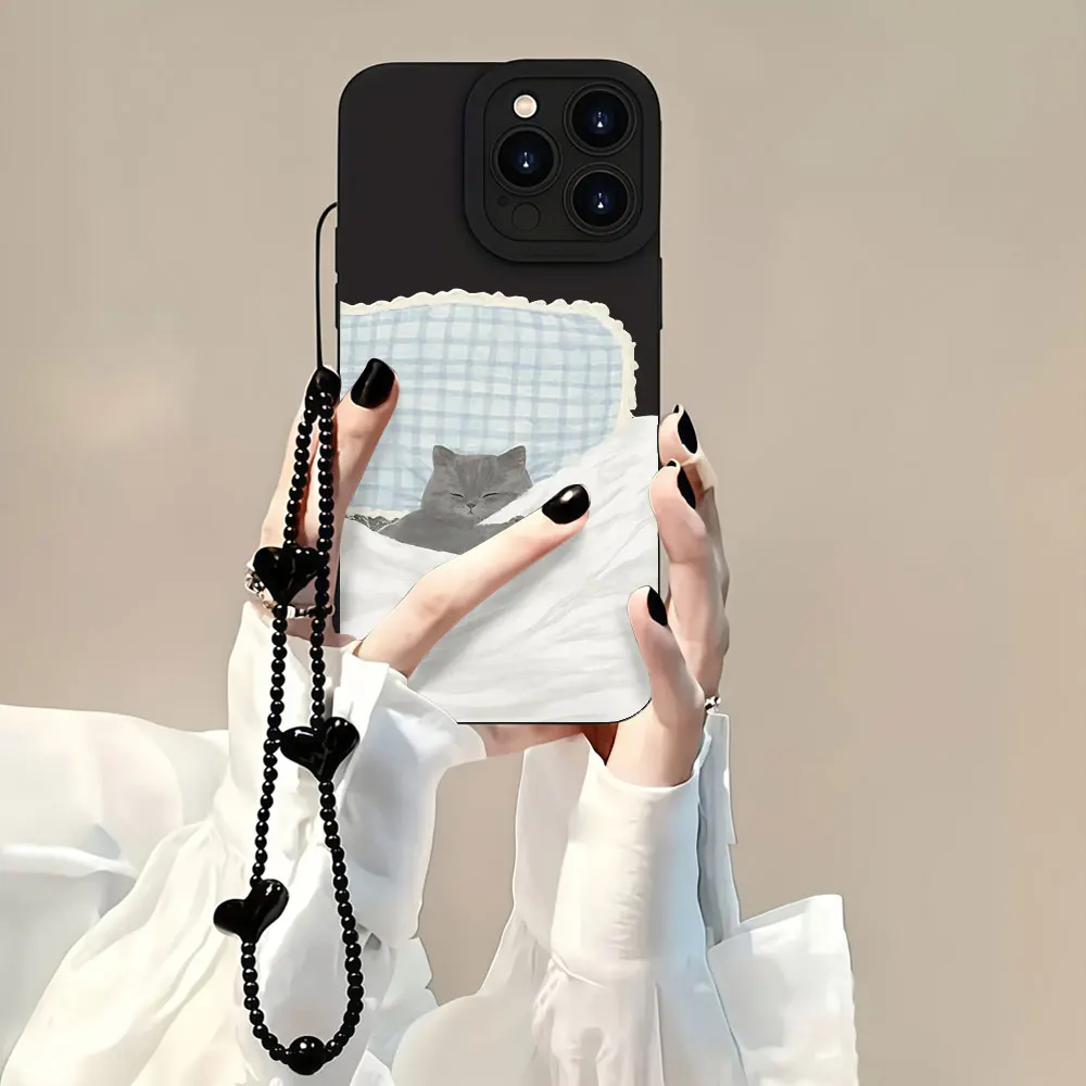 Anti-smudge Korean Cute Cat Phone Cases For Samsung Galaxy S25 S26 S24 Plus FE S22 Ultra A36 A35 A56 A54 A53 With Strap Cover