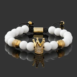 Luxury 8MM White Natural Stone Beads Crown Leopard Head Cross Skull Charms Man Bracelet For Women Hand Jewelry Gift