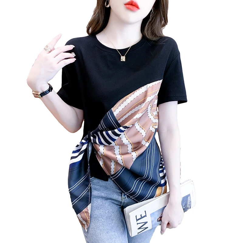 2023 New Summer Korean Clothes T-Shirt Women Fashion Sexy O-Neck Patchwork Scarves Tops Short Sleeve Casual Irregular Tees 36064