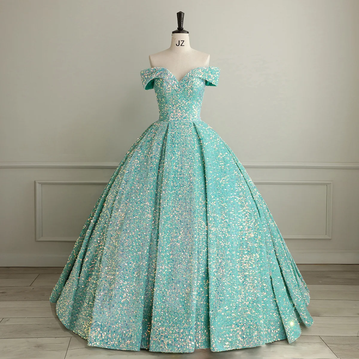 Evening Dress Short Sleeves Sequins Ball Gown Boat Neck Lace Up Floor-Length Sky Blue Party Formal Dresses Women