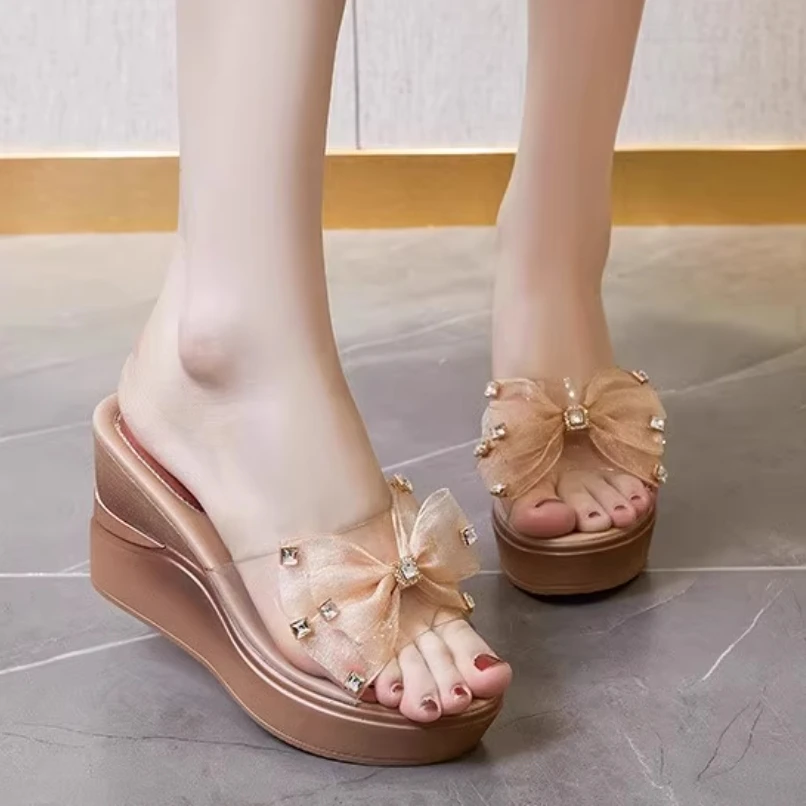 

Summer 2025 Wedge heel slippers, muffin, thick-soled sandals, transparent high heels women shoes
