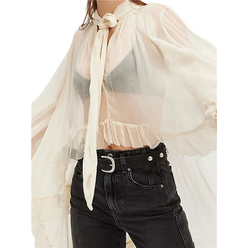 

AOAO-Women Long Bell Sleeve Frill See Through Sheer Mesh Blouse High Low Hem Ruffled Sexy- Flowy Shawl Shirt